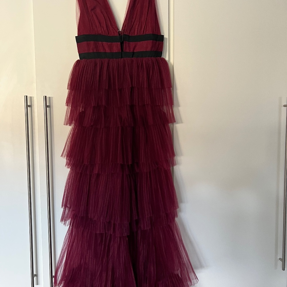 True Decadence Burgundy Plunge Front Tulle Maxi Dress
